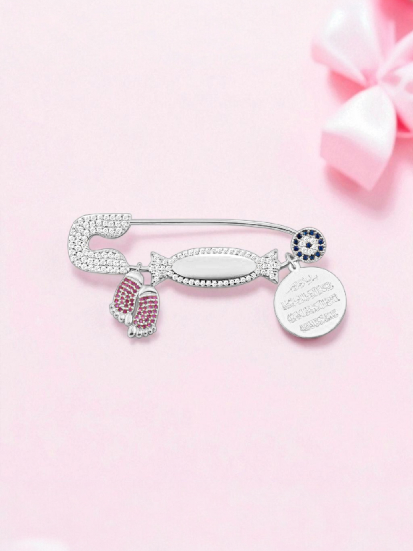 Kız Bebek 925 Ayar Gümüş Ayetel Kürsi Dualı İsimli Yaka İğnesi, Maşallah Bebek İğnesi Altın Kaplama