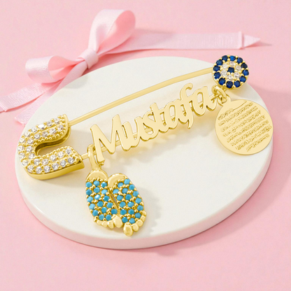 925 Ayar Gümüş İsimli Erkek Bebek Yaka İğnesi, Maşallah Bebek İğnesi, Bebek Nazarlık İğnesi