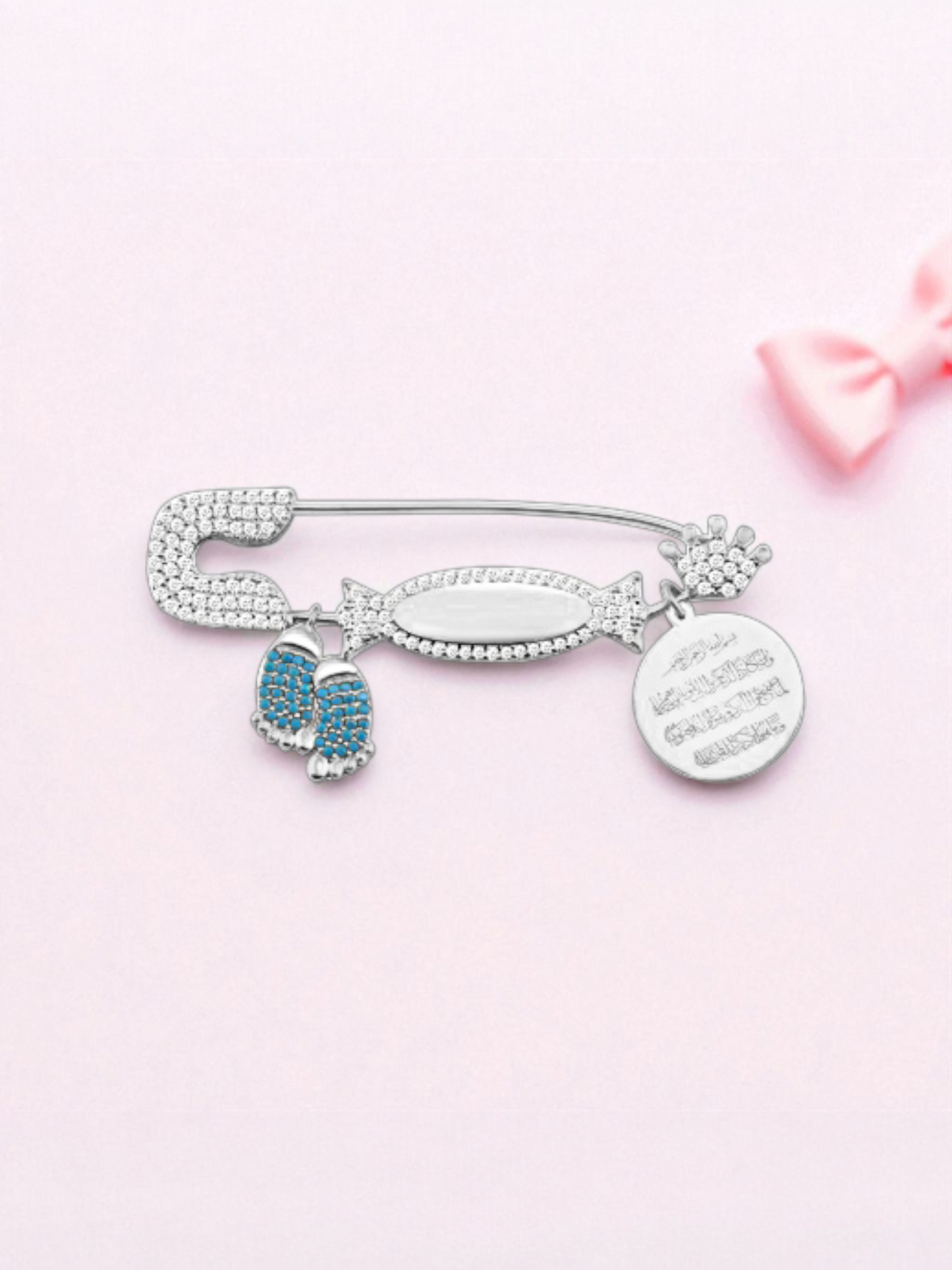 Erkek Bebek 925 Ayar Gümüş Ayetel Kürsi Dualı İsimli Yaka İğnesi, Maşallah Bebek İğnesi