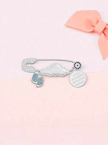 Erkek Bebek 925 Ayar Gümüş Ayetel Kürsi Dualı Isimli Yaka Iğnesi, Maşallah Bebek Iğnesi